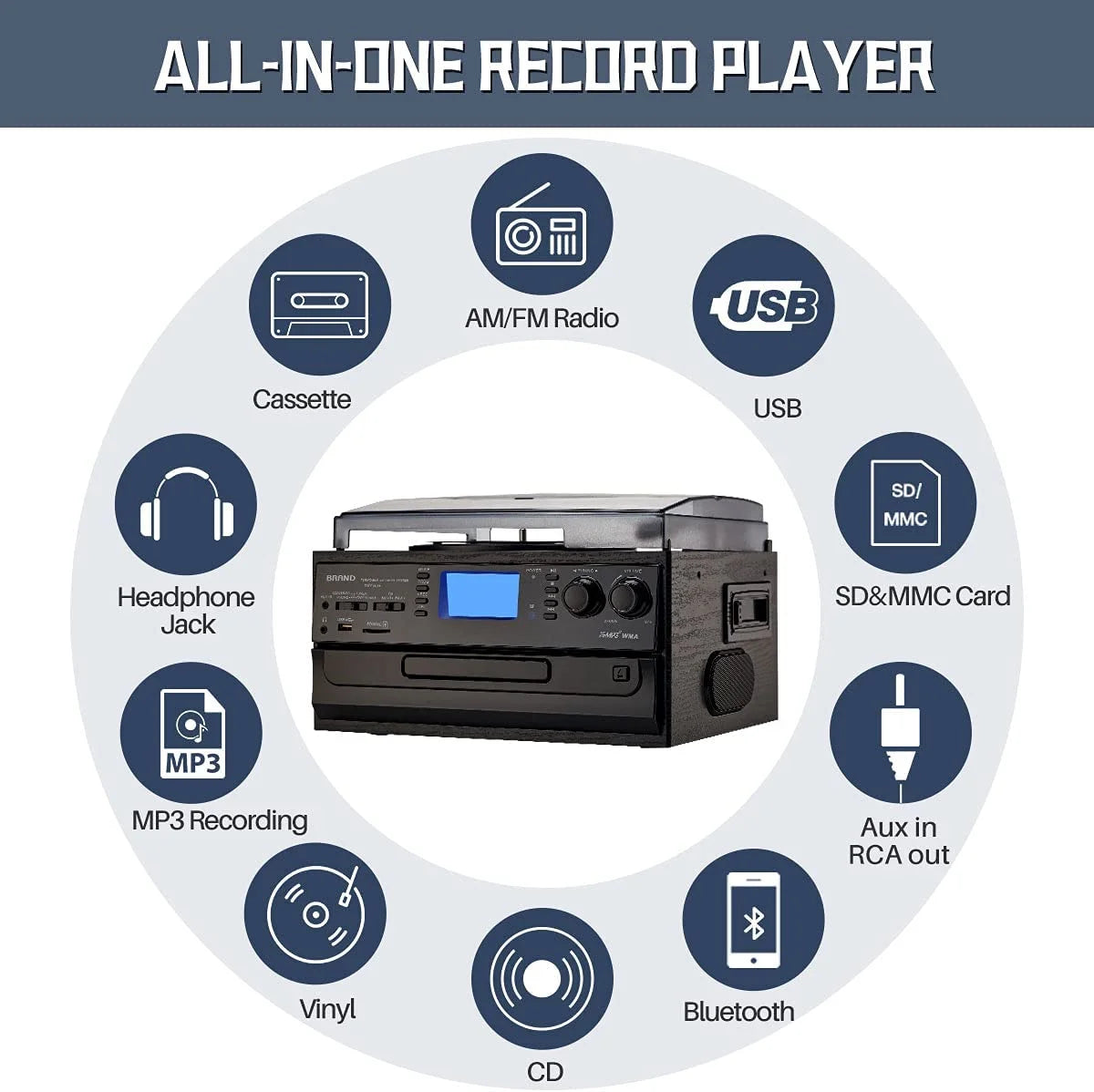 10-In-1 Bluetooth Record Player Turntable for Vinyl Records CD Cassette USB/SD Convert