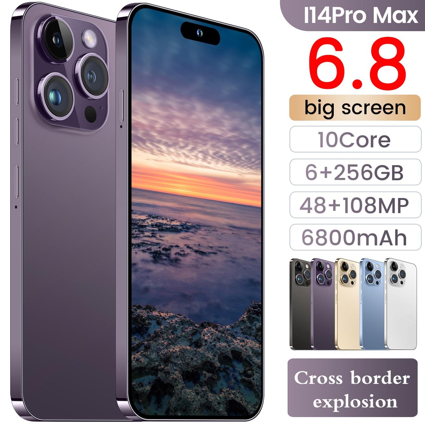 I14 Pro Max Unlocked Smartphone, 6+256GB, Android 13.0 Unlocked Cell Phones, 6.82" HD Screen Battery 6800mAH with 128GB Memory Card/Face ID/Fingerprint Lock/Dual SIM 5G Phone (White)