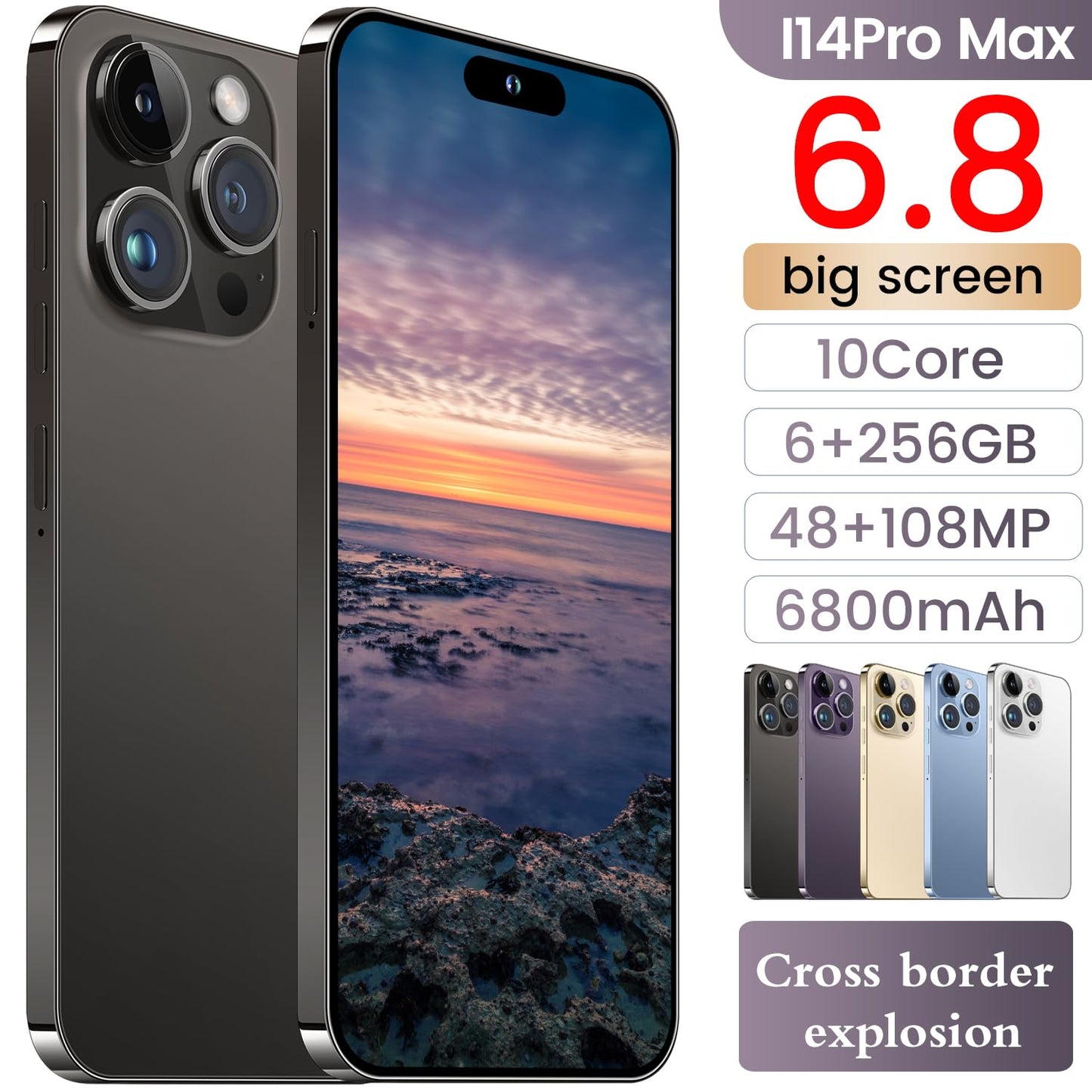 I14 Pro Max Unlocked Smartphone, 6+256GB, Android 13.0 Unlocked Cell Phones, 6.82" HD Screen Battery 6800mAH with 128GB Memory Card/Face ID/Fingerprint Lock/Dual SIM 5G Phone (White)