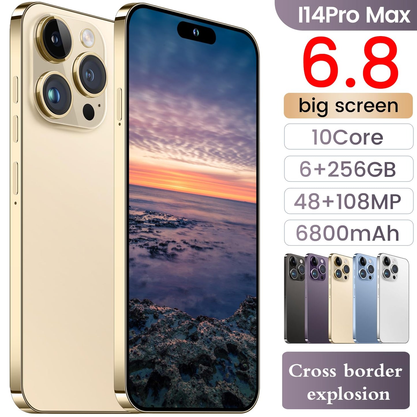 I14 Pro Max Unlocked Smartphone, 6+256GB, Android 13.0 Unlocked Cell Phones, 6.82" HD Screen Battery 6800mAH with 128GB Memory Card/Face ID/Fingerprint Lock/Dual SIM 5G Phone (White)