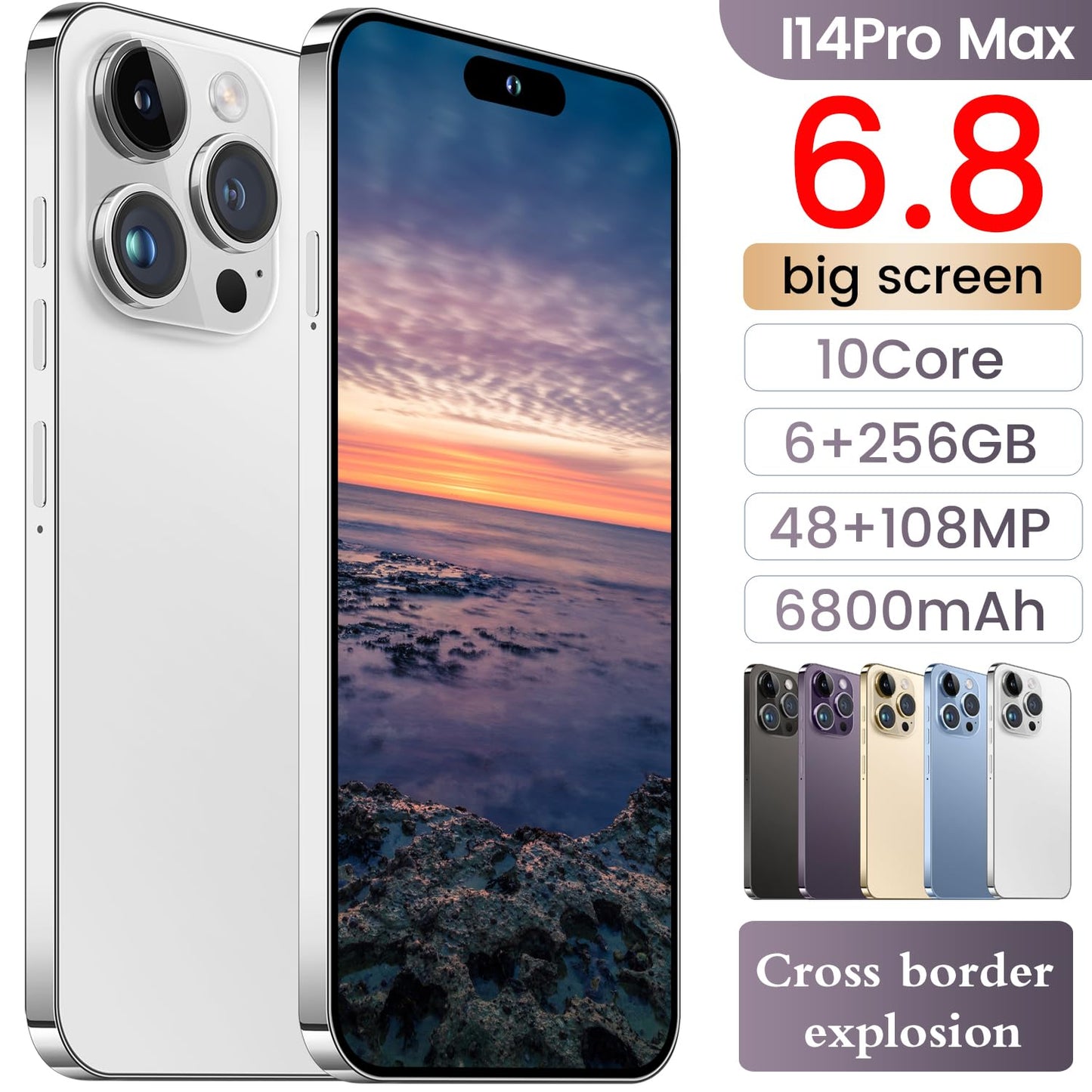 I14 Pro Max Unlocked Smartphone, 6+256GB, Android 13.0 Unlocked Cell Phones, 6.82" HD Screen Battery 6800mAH with 128GB Memory Card/Face ID/Fingerprint Lock/Dual SIM 5G Phone (White)