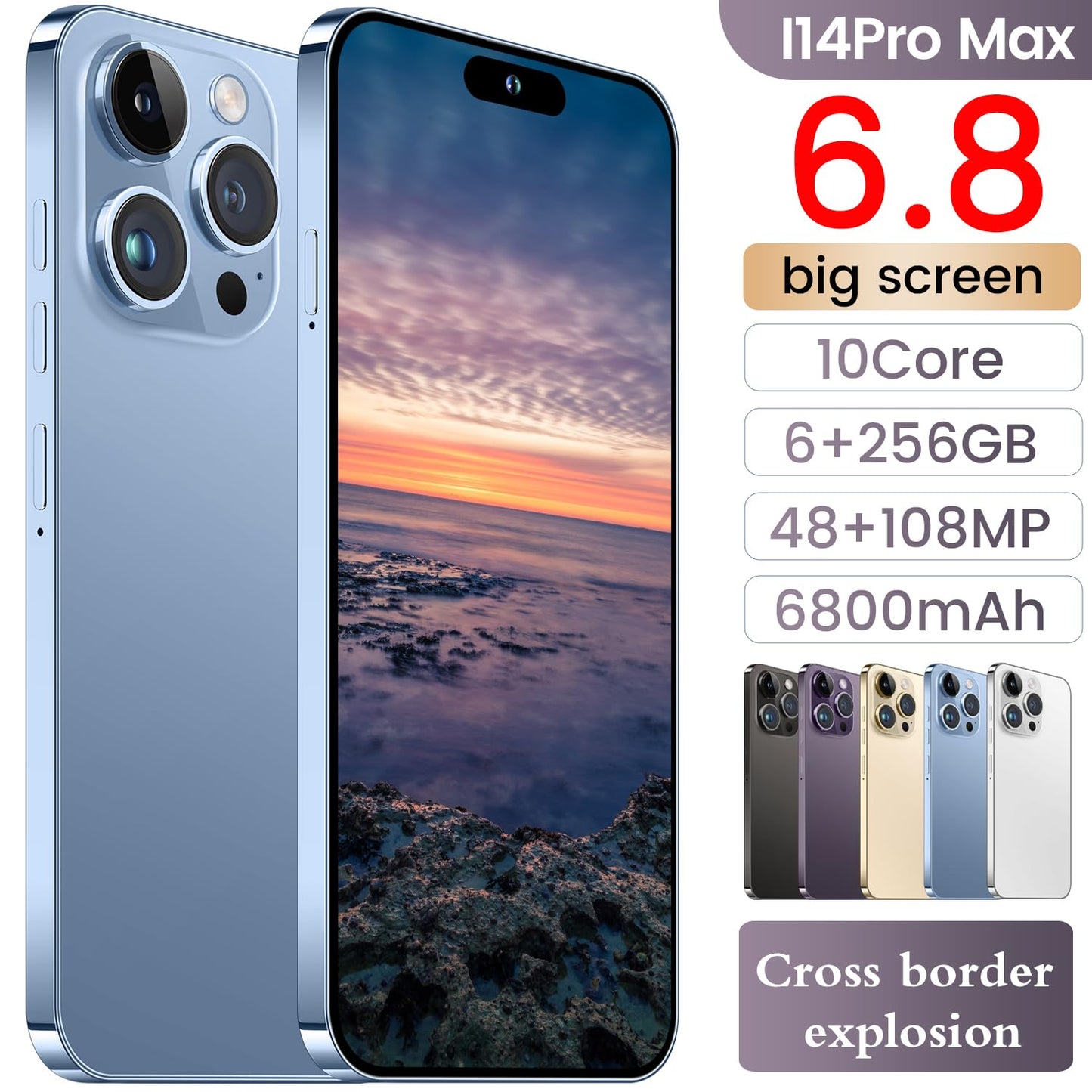 I14 Pro Max Unlocked Smartphone, 6+256GB, Android 13.0 Unlocked Cell Phones, 6.82" HD Screen Battery 6800mAH with 128GB Memory Card/Face ID/Fingerprint Lock/Dual SIM 5G Phone (White)