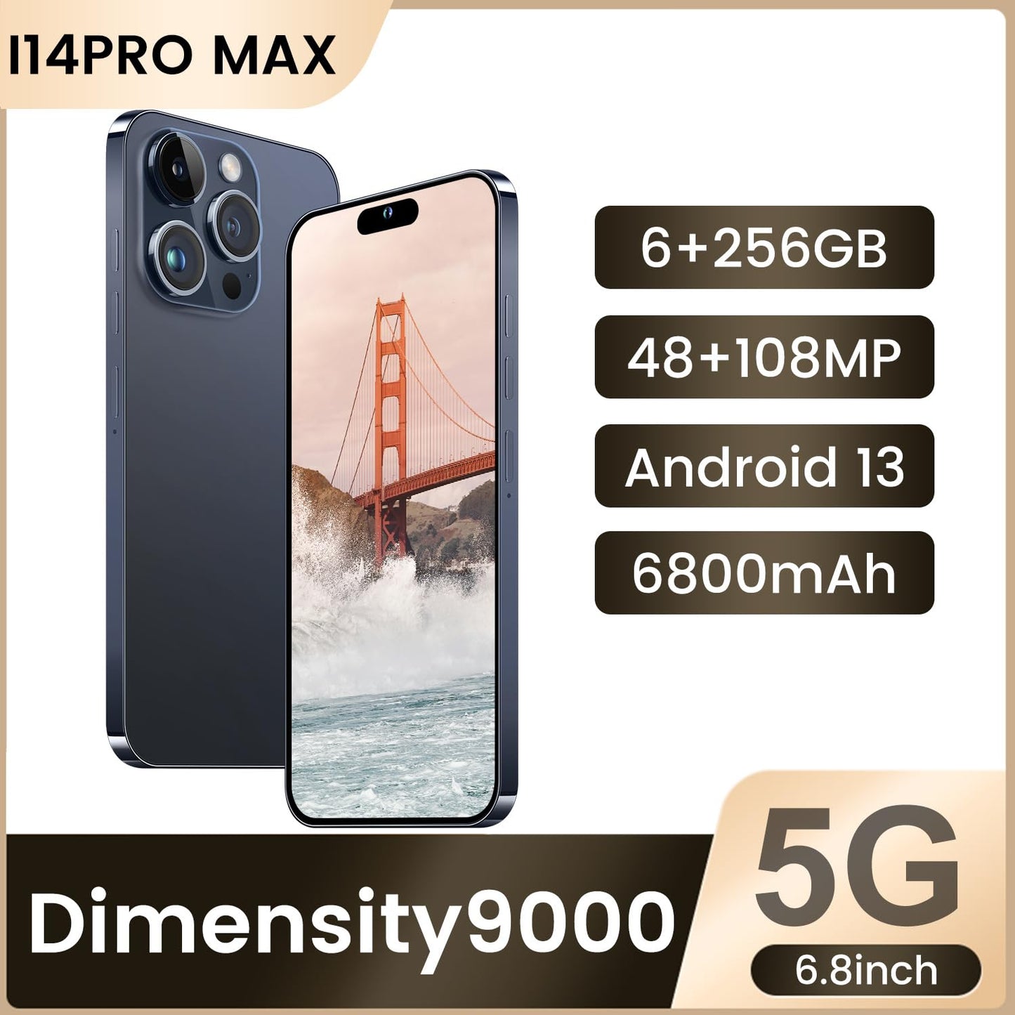 I14 Pro Max Unlocked Smartphone, 6+256GB, Android 13.0 Unlocked Cell Phones, 6.82" HD Screen Battery 6800mAH with 128GB Memory Card/Face ID/Fingerprint Lock/Dual SIM 5G Phone (White)