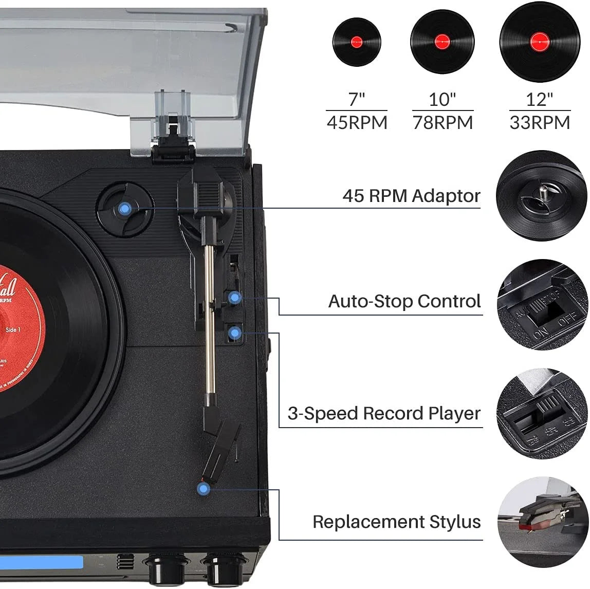 10-In-1 Bluetooth Record Player Turntable for Vinyl Records CD Cassette USB/SD Convert