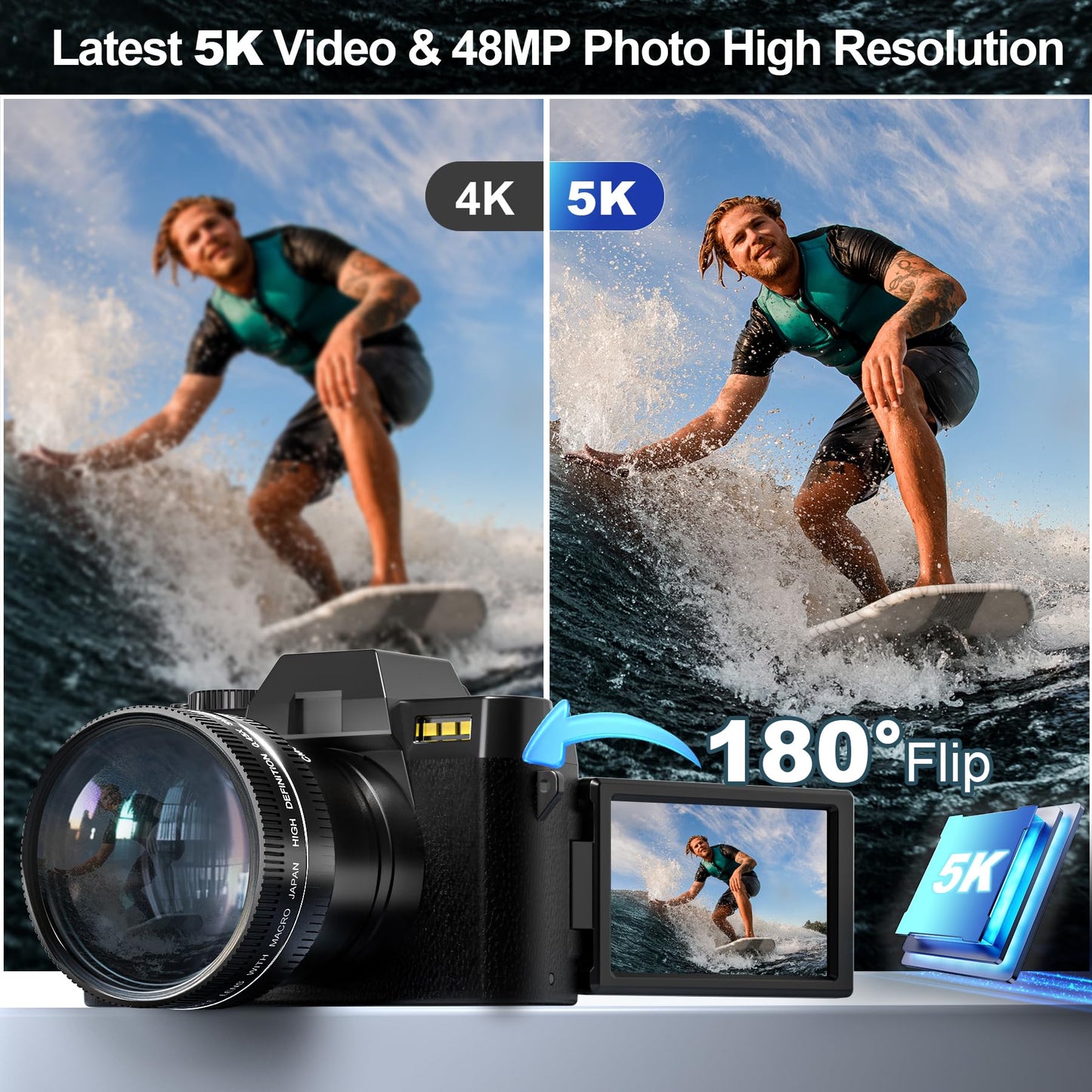 5K Digital Cameras for Photography,48MP/60FPS Video Camera for Vlogging, WiFi & App Control Vlogging for YouTube, Small Camera with 32GB TF Card.Wide-Angle & Macro Lens