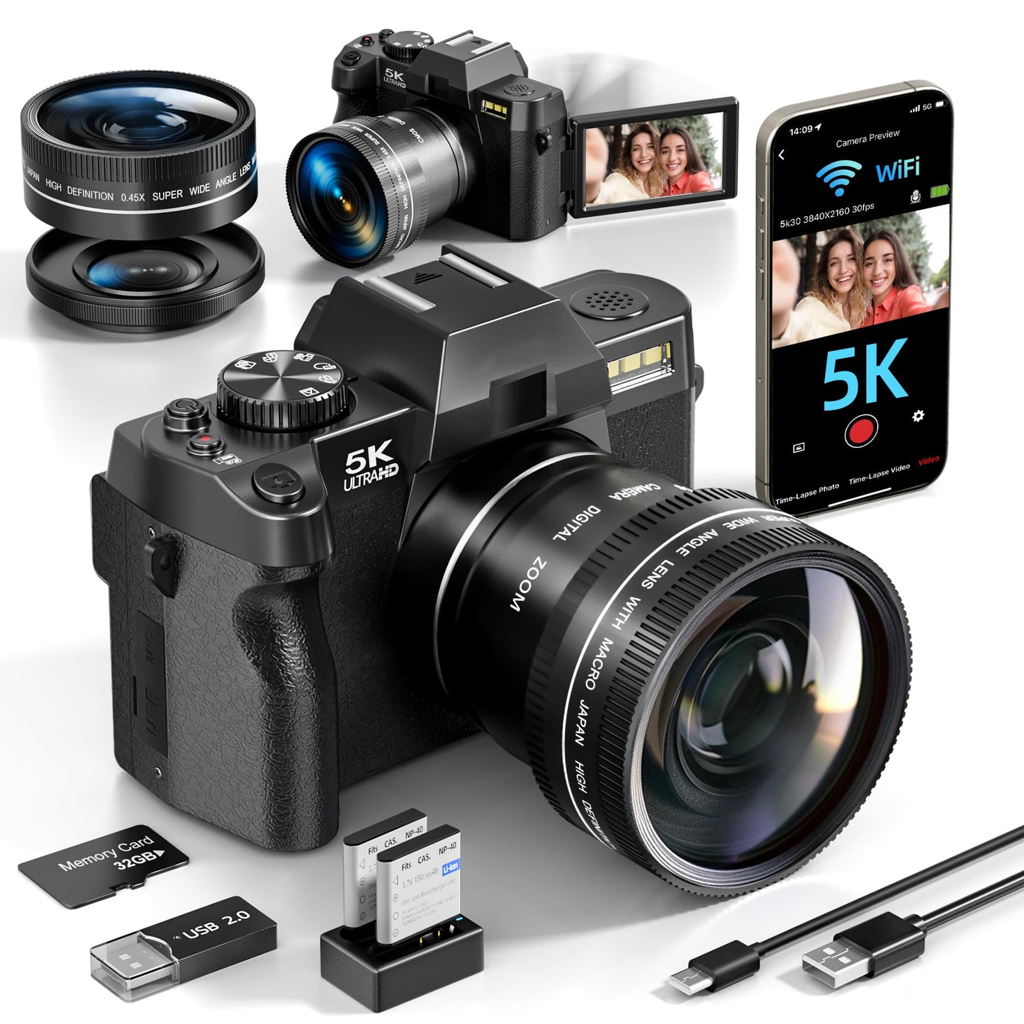 5K Digital Cameras for Photography,48MP/60FPS Video Camera for Vlogging, WiFi & App Control Vlogging for YouTube, Small Camera with 32GB TF Card.Wide-Angle & Macro Lens