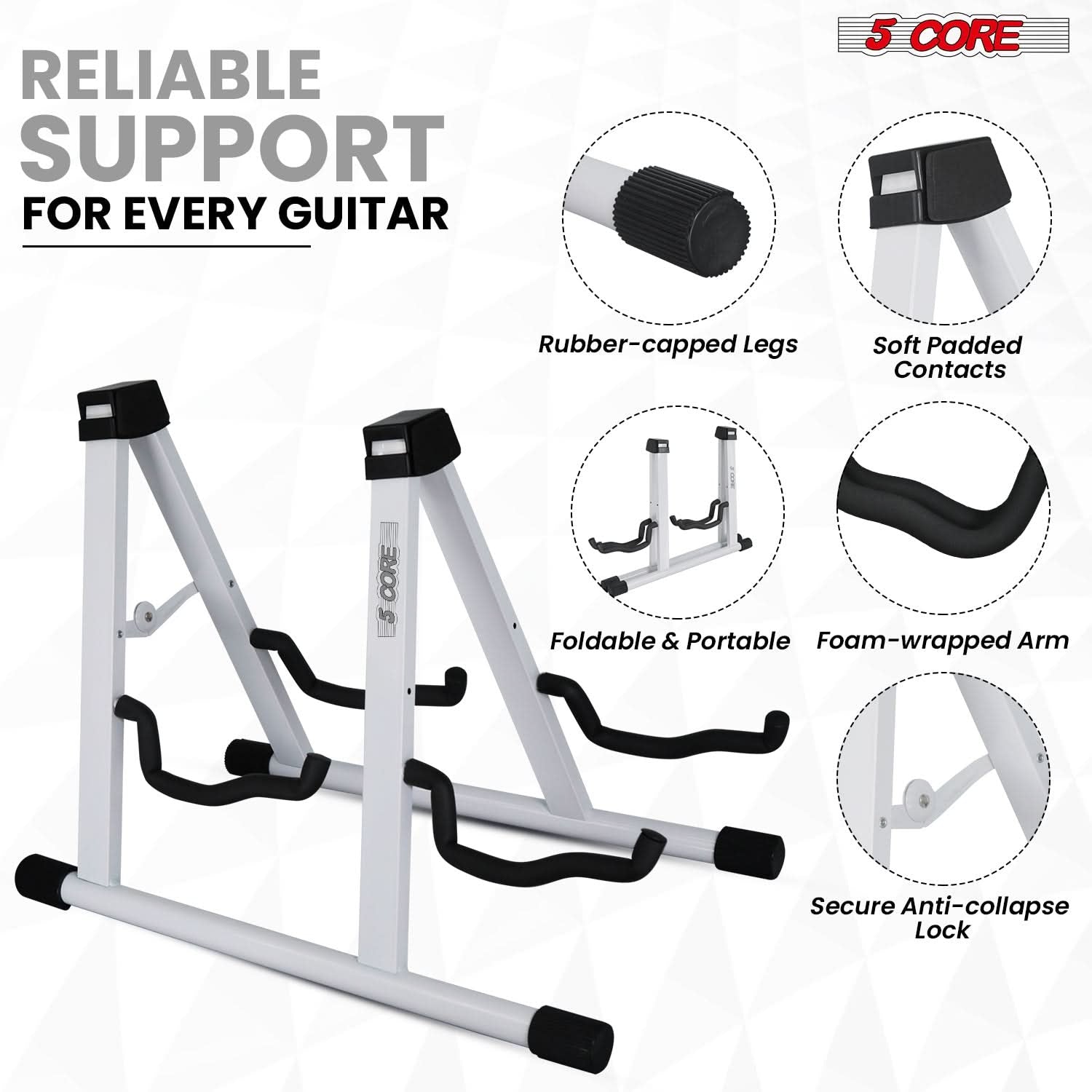 5Core Double Guitar Stand Floor Adjustable a Frame Folding Acoustic Electric Guitars Holder Stands