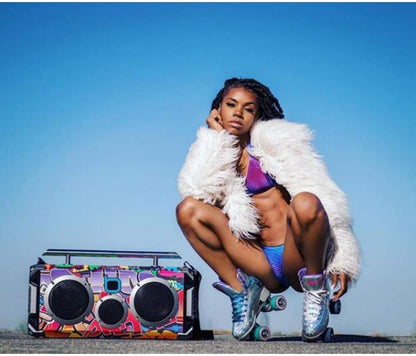 Bluetooth Portable Speaker Boombox Flare8 Blue | Retro Boombox with Bluetooth Speaker | Rechargeable Lithium Battery | Includes Wireless Microphone, Carrying Strap & Remote Control