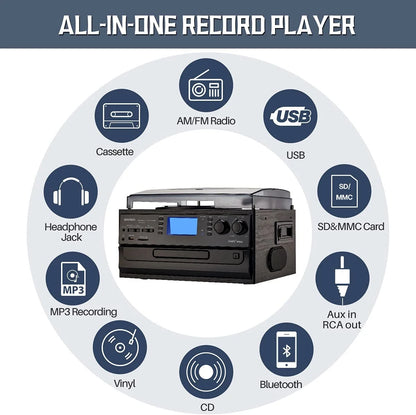 10-In-1 Bluetooth Record Player Turntable for Vinyl Records CD Cassette USB/SD Convert