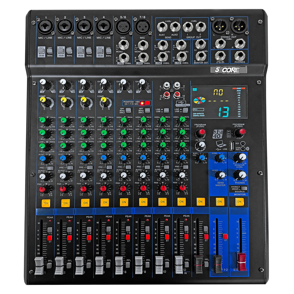 5Core Audio DJ Mixer 12 Channel Sound Board Console W 99 DSP Effect 48V Phantom Power