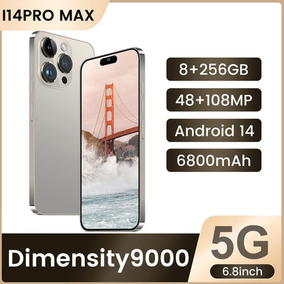 I14 Pro Max Unlocked Smartphone, 6+256GB, Android 13.0 Unlocked Cell Phones, 6.82" HD Screen Battery 6800mAH with 128GB Memory Card/Face ID/Fingerprint Lock/Dual SIM 5G Phone (White)
