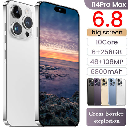 I14 Pro Max Unlocked Smartphone, 6+256GB, Android 13.0 Unlocked Cell Phones, 6.82" HD Screen Battery 6800mAH with 128GB Memory Card/Face ID/Fingerprint Lock/Dual SIM 5G Phone (White)