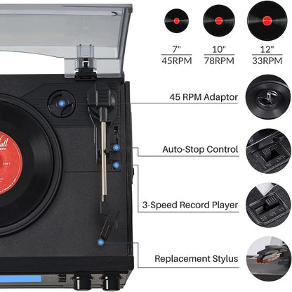 10-In-1 Bluetooth Record Player Turntable for Vinyl Records CD Cassette USB/SD Convert