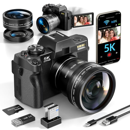 5K Digital Cameras for Photography，48MP/60FPS Video Camera for Vlogging, WiFi & App Control Vlogging for YouTube, Small Camera with 32GB TF Card.Wide-Angle & Macro Lens