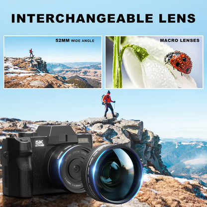 5K Digital Cameras for Photography，48MP/60FPS Video Camera for Vlogging, WiFi & App Control Vlogging for YouTube, Small Camera with 32GB TF Card.Wide-Angle & Macro Lens