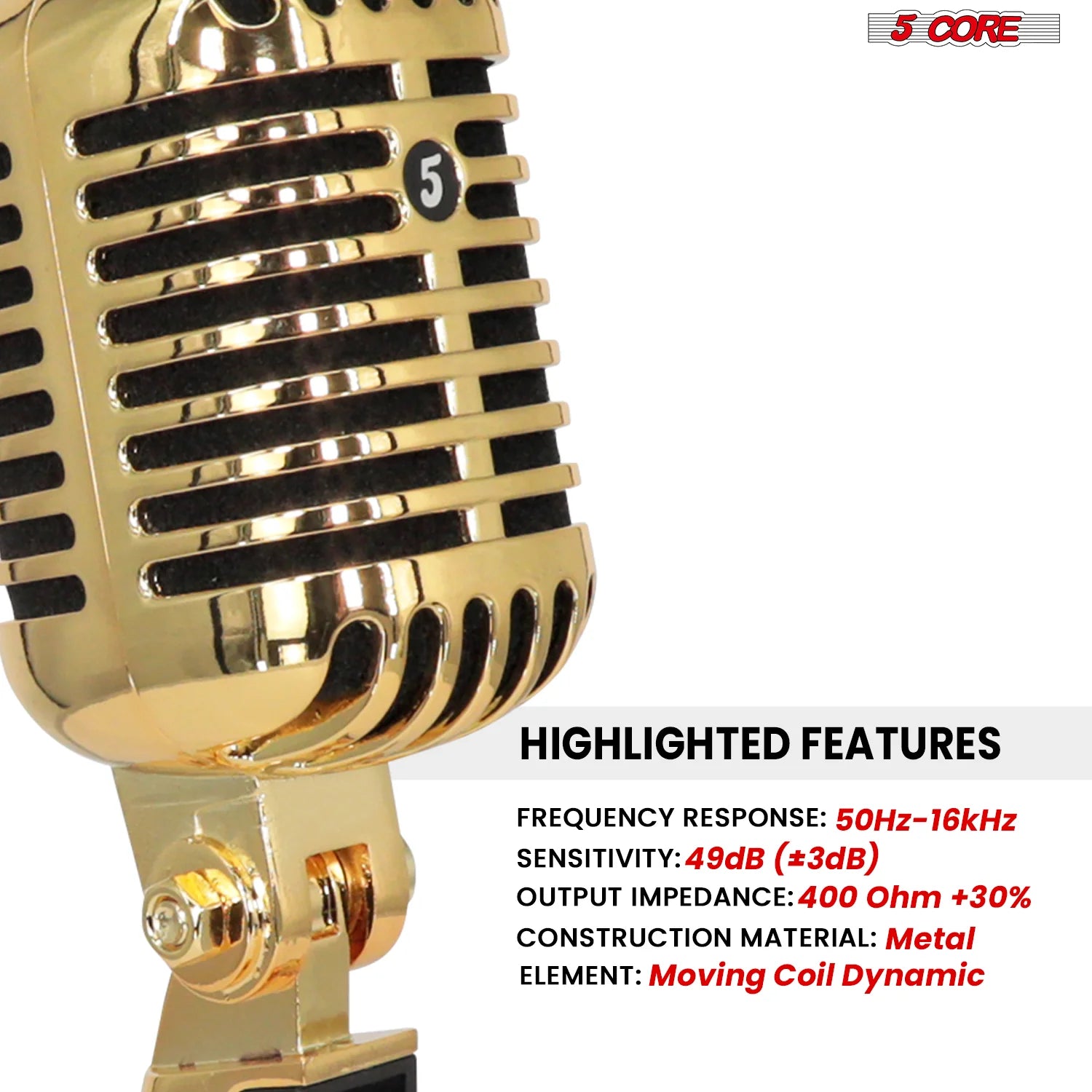 5Core Vintage Microphone Classic Dynamic Professional XLR Studio Retro Style Mic Gold