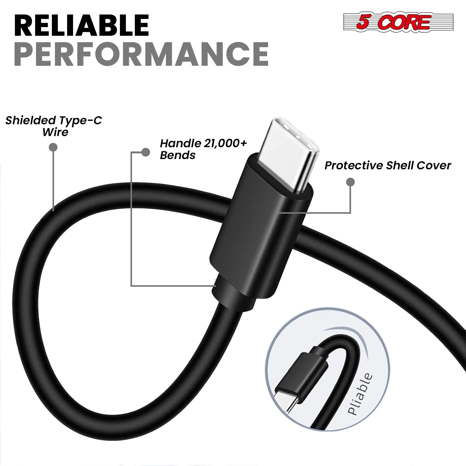 5 Core USB to USB C Cable 5 Pieces Fast Charging & Data Transfer Durable Black Type C Cords