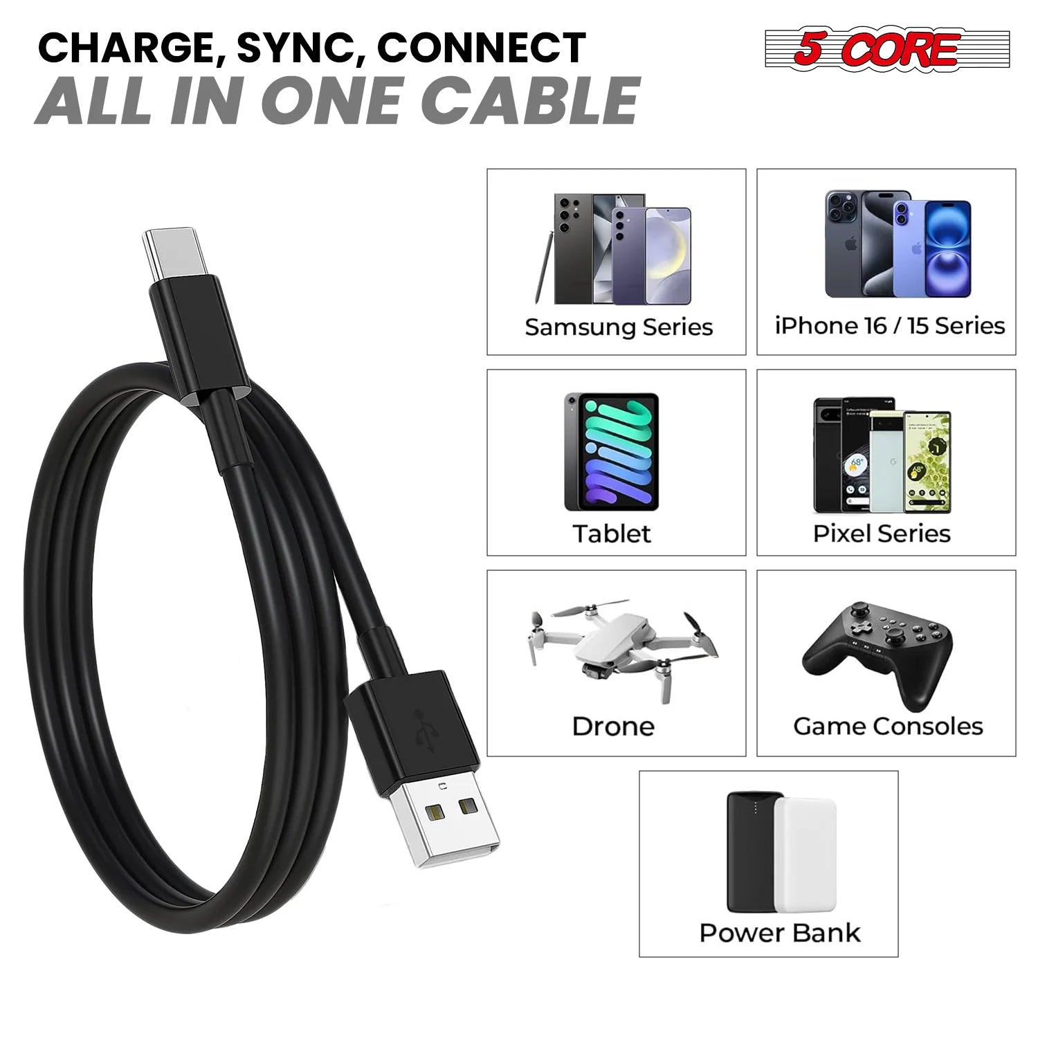 5 Core USB to USB C Cable 5 Pieces Fast Charging & Data Transfer Durable Black Type C Cords