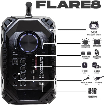 Bluetooth Portable Speaker Boombox Flare8 Blue | Retro Boombox with Bluetooth Speaker | Rechargeable Lithium Battery | Includes Wireless Microphone, Carrying Strap & Remote Control