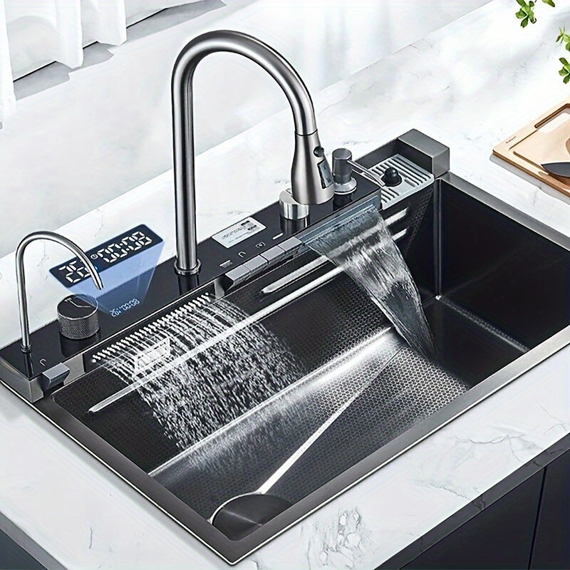 1 Set Digital Display Waterfall Sink Single Bowl Kitchen Sinks Stainless Steel Bar Sink With Pull Down Sprayhead Faucet Smart Modern Kitchen Sink With Full Set Of Accessories Gun GrayBrushed Golden